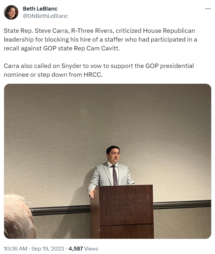 Beth LeBlanc tweet about Rep. Steve Carra criticizing House Republican leadership and Rick Snyder 